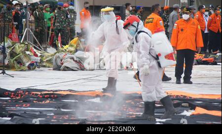 Giacarta, DKI Jakarta, INDONESIA. 14 gennaio 2021. La nave Basarnas ha abbassato 36 parti del corpo e un sacchetto di detriti dall'aereo Srijaya JS 182 che sono stati presi dal luogo di incidente. Credit: Denny Pohan/ZUMA Wire/Alamy Live News Foto Stock