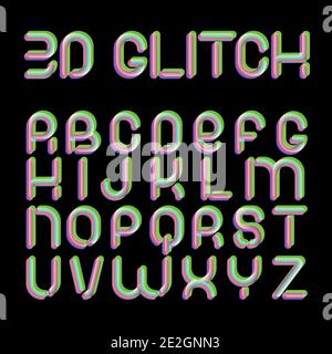 Font effetto Glitch 3d. Caratteri latini da A a Z. Trending 2021. Per eventi musicali, banner, volantino, copertina. Illustrazione Vettoriale