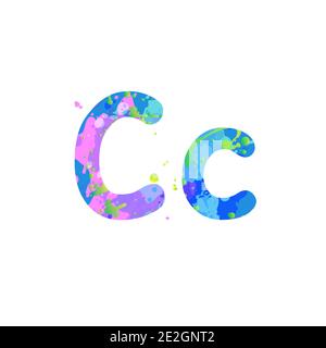 Lettere C maiuscole e minuscole con effetto di macchie liquide di vernice nei colori blu, verde, rosa, isolate su sfondo bianco. Elemento decorativo per la progettazione di volantini, poster, copertina, titolo. Vettore Illustrazione Vettoriale