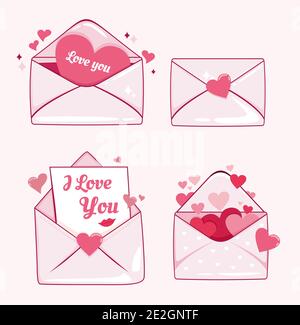 Insieme di lettere postali per il giorno di San Valentino, i cuori, la carta di San Valentino e altri elementi. Illustrazione Vettoriale