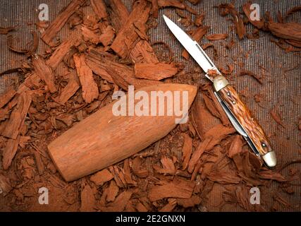 Barca giocattolo fatta di corteccia di quercia. Piccola nave a vela in legno. Sullo sfondo un coltello da tasca e trucioli, lavoro in corso. Foto Stock