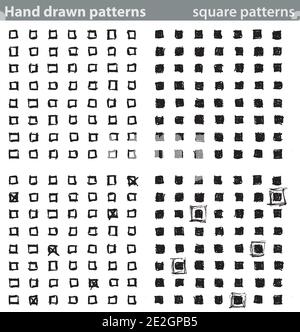 Quattro diversi motivi senza giunture realizzati con quadrati disegnati a mano. Illustrazione Vettoriale