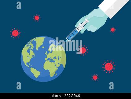 Mano del medico che inietta il vaccino nella terra del pianeta. Covid-19 concetto di Coronavirus. Illustrazione vettoriale Illustrazione Vettoriale