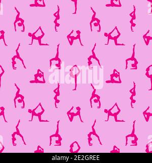 Modello senza cuciture di silhouette di donna che fa yoga posa su sfondo rosa. Motivo femminile per tessuti, carta da parati, carte. Illustrazione vettoriale. Illustrazione Vettoriale