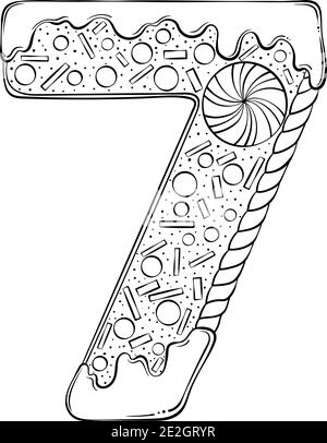 Numero di serie 7. Biscotti di pan di zenzero nella forma del numero sette. Font vettoriale cartoon in stile grafico a linee disegnate a mano isolato su sfondo bianco. Modello con logo per lettere. Disegno di libro di colorazione. Illustrazione Vettoriale