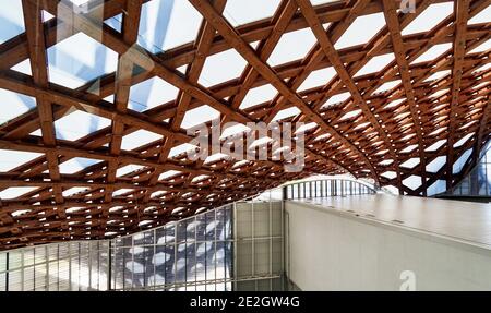 Francia, città di Metz, struttura in legno nel Centre Pompidou-Metz è un'istituzione pubblica di cooperazione culturale d'arte, di stili: Architettura moderna Foto Stock