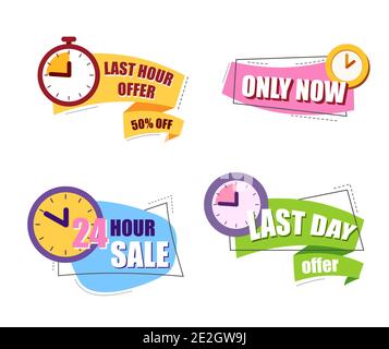 Badge di conto alla rovescia per la vendita. Offerta dell'ultima ora, solo ora, 24 ore di vendita, offerta dell'ultimo giorno. Promozioni speciali business limited. Icone vettoriali luminose impostate isolate Illustrazione Vettoriale
