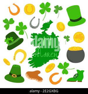 Foglie di Shamrock, moneta, mappa dell'Irlanda, cappello, scarpa da cavallo, set di illustrazioni vettoriali di cavoldron, simbolo di un'identità nazionale dell'Irlanda e delle sue vacanze primaverili, giorno di San Patrick, carino stile cartoon Illustrazione Vettoriale