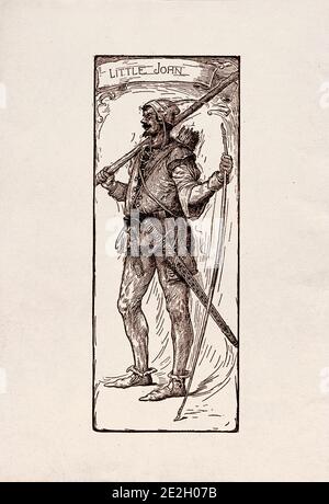 Incisione antica di personaggi letterari del folklore inglese dalle leggende di Robin Hood. Piccolo Giovanni. Di Louis Rhead. 1912 Foto Stock
