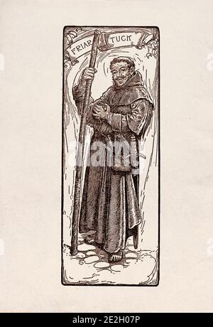 Incisione antica di personaggi letterari del folklore inglese dalle leggende di Robin Hood. Frate Tuck. Di Louis Rhead. 1912 Foto Stock