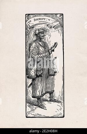 Incisione antica di personaggi letterari del folklore inglese dalle leggende di Robin Hood. Sceriffo di Nottingham. Di Louis Rhead. 1912 Foto Stock