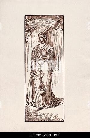 Incisione antica di personaggi letterari del folklore inglese dalle leggende di Robin Hood. Moglie di Sheriff. Di Louis Rhead. 1912 Foto Stock