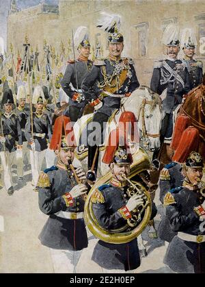 Esercito tedesco. 1910 s. Il Kaiser tedesco Wilhelm II a cavallo su una processione militare cerimoniale. Germania Imperiale Guglielmo II o Guglielmo II (1859 – 4 giu Foto Stock