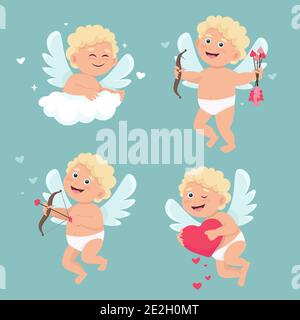 Insieme di simpatici angeli cupidi in diverse pose Illustrazione Vettoriale
