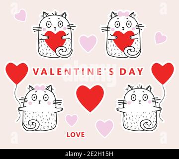 Set di adesivi in gatti d'amore con cuore e palloncini rossi per San Valentino. Illustrazione vettoriale. Collezione di gatti bianchi carini per il design, Illustrazione Vettoriale