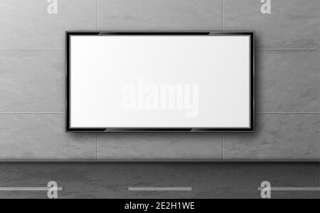 Cartelloni pubblicitari di strada, mockup di esposizione appendere sulla parete piastrellata grigia lungo la strada. Schermo LCD bianco vuoto, monitor digitale per presentazioni pubblicitarie in città. Sfondo orizzontale realistico vettore 3d mock-up Illustrazione Vettoriale