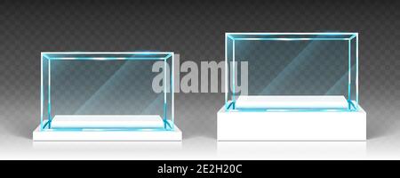 Vetrine, esposizione, espositore, box trasparenti, vista frontale su base in legno bianco o plastica. Blocco di cristallo, podio per mostre o riconoscimenti, oggetto lucido isolato, rappresentazione vettoriale 3d realistica Illustrazione Vettoriale