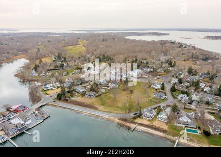 Vista aerea di Shelter Island Heights, Shelter Island, NY Foto Stock