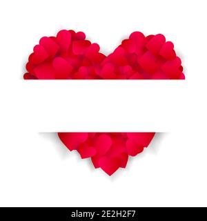 Vettore di cuore amore sfondo di bordo o banner 3d con grande cuore rosso fatto di confetti o petali con orizzontale posizionare il testo isolato su bianco Illustrazione Vettoriale