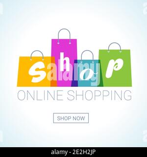 shopping online. Shopping Bags logo con iscrizione negozio. Concetto di Internet shop. Illustrazione vettoriale Illustrazione Vettoriale