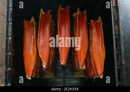 Pesce fumatore. Il pesce affumicato è pesce che è stato curato dal fumo. Gli alimenti sono stati fumati dagli esseri umani in tutta la storia Foto Stock