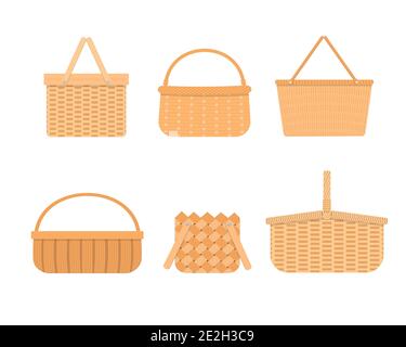 Set di cestini da picnic in vimini vuoti isolati su sfondo bianco. Raccolta di diversi cestelli e cesti di salice tessuti a mano. Illustrazione di un cartone piatto vettoriale. Illustrazione Vettoriale