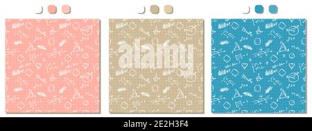 Set di motivi vettoriali rosa, beige e blu senza giunture con formule matematiche bianche scritte a mano, figure, calcoli su carta quadrata Illustrazione Vettoriale