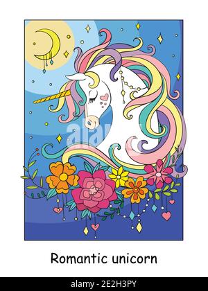 Carino romantico unicorno ritratto con luna e stelle nel cielo nuvoloso. Cartoni animati vettoriali isolato illustrazione colorata. Per stampa, disegno, schede, puzzle, Illustrazione Vettoriale