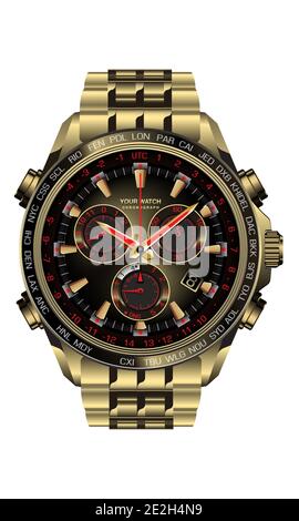 Orologio realistico cronografo oro nero design per uomo lusso su sfondo bianco illustrazione vettoriale. Illustrazione Vettoriale
