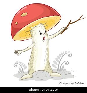 Funghi vettoriali isolati su bianco. Disegno divertente del carattere in uno stile del cartone animato. Testa di fungo arancione commestibile boletus. Stampa per abiti per bambini Illustrazione Vettoriale