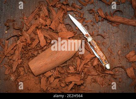 Barca giocattolo fatta di corteccia di quercia. Piccola nave a vela in legno. Sullo sfondo un coltello da tasca e trucioli, lavoro in corso. Foto Stock