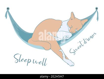 Ginger gatto dormire felicemente su amaca verde con testo, Dormi bene e dolce sogno, isolato su sfondo bianco. Illustrazione vettoriale. Illustrazione Vettoriale