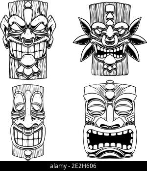 Sет di illustrazioni della maschera tribale di legno Tiki. Elemento di design per logo, emblema, segno, poster, scheda, banner. Illustrazione vettoriale Illustrazione Vettoriale