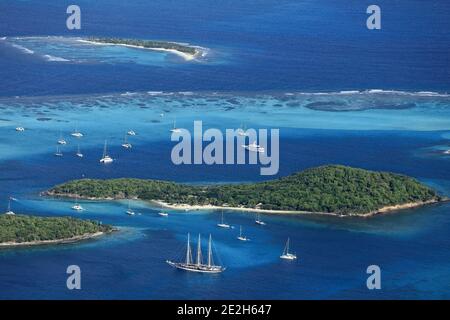 Caraibi, Saint Vincent e Grenadine: Veduta aerea del piccolo gruppo di isole dell'arcipelago di Tobago Cays nel cuore del Tobago CA Foto Stock