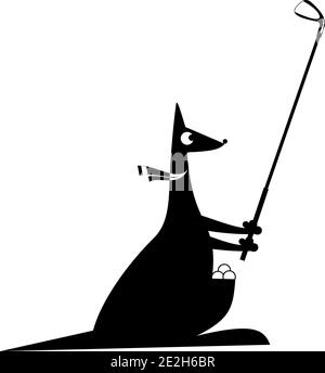 Il canguro del cartone animato gioca l'illustrazione di golf. Divertente canguro con un golf club e palline da golf nero su bianco Illustrazione Vettoriale