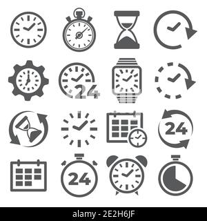 Icone dell'ora e dell'orologio su sfondo bianco Illustrazione Vettoriale