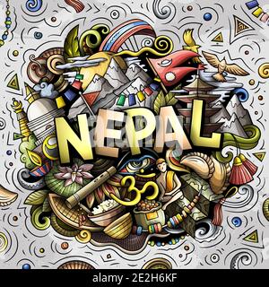 Nepal disegno a mano cartoni animati doodles illustrazione. Illustrazione Vettoriale