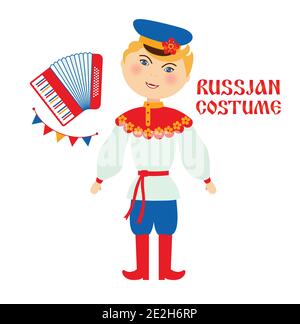 Illustrazione vettoriale piatta del costume popolare russo. Uomo e donna che indossano personaggi cartoni animati abiti tradizionali. Ragazza in sarafan rosso e copricapo nazionale Illustrazione Vettoriale