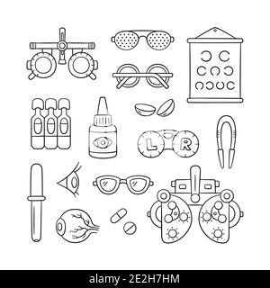 Set per oftalmologia disegnato a mano. Lenti a contatto, bulbo oculare, occhiali, foropter e altro ancora. Gli oggetti di doodle di Optometria Illustrazione Vettoriale