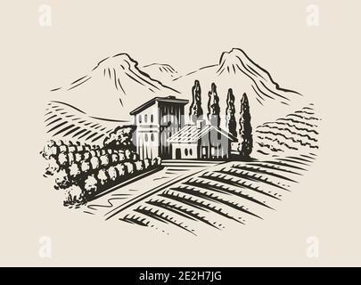 Paesaggio rurale con villa, campi di vigneto. Illustrazione vettoriale dello schizzo per l'etichetta Illustrazione Vettoriale