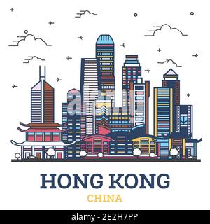 Profilo Hong Kong China City Skyline con edifici di colore moderno isolati su bianco. Illustrazione vettoriale. Il paesaggio urbano di Hong Kong con i punti di riferimento. Illustrazione Vettoriale