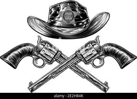 Pistole a mano incrociate e cappello Sheriff Star Cowboy Illustrazione Vettoriale