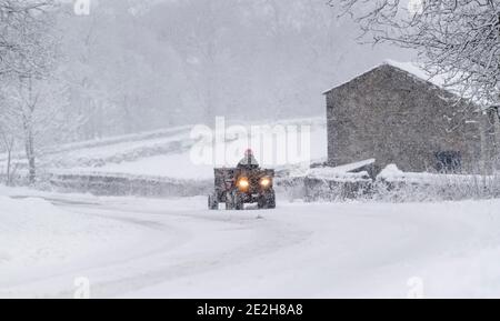 Meteo - Hawes, North Yorkshire, 14 gennaio 2021 - gli agricoltori vicino Hawes, Wensleydale, North Yorkshire, hanno lottato contro il tempo per nutrire il loro bestiame nella neve oggi come le strade sono state colpite dalla forte nevicata Credit: Wayne HUTCHINSON/Alamy Live News Foto Stock