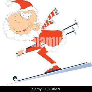 Cartone animato Babbo Natale un'illustrazione sciatore. Sorridente sci Babbo Natale isolato su bianco Illustrazione Vettoriale