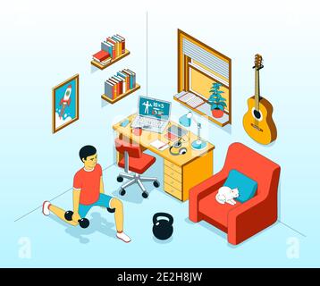 Home allenamento esercizio - affondo con manubri. Fitness domestico nella sala da lavoro. Illustrazione Vettoriale
