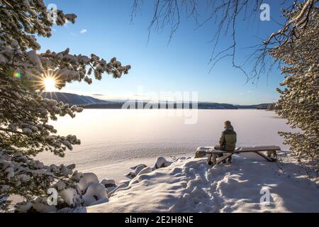 Turista seduto in panchina che guarda su neve-coperto lago ghiacciato in inverno, Laponia regione, Lapponia, Svezia Foto Stock