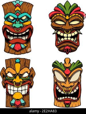 Сет di illustrazioni della maschera tribale di legno Tiki. Elemento di design per logo, emblema, segno, poster, scheda, banner. Illustrazione vettoriale Illustrazione Vettoriale