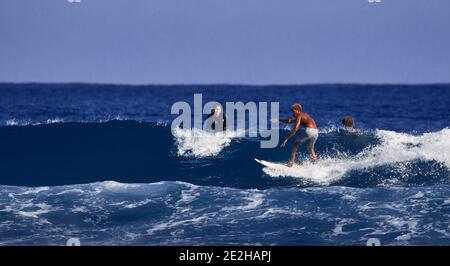 Scuola di surfista. Un ragazzo giovane imparando a stare in piedi su una tavola da surf. Surfista sull'onda, bellissima onda sull'oceano. Sport acquatici. Oceano Atlantico, Domenicano Foto Stock