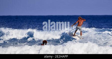 Scuola di surfista. Un ragazzo giovane imparando a stare in piedi su una tavola da surf. Surfista sull'onda, bellissima onda sull'oceano. Sport acquatici. Oceano Atlantico, Domenicano Foto Stock