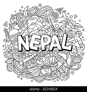 Nepal disegno a mano cartoni animati doodles illustrazione. Illustrazione Vettoriale